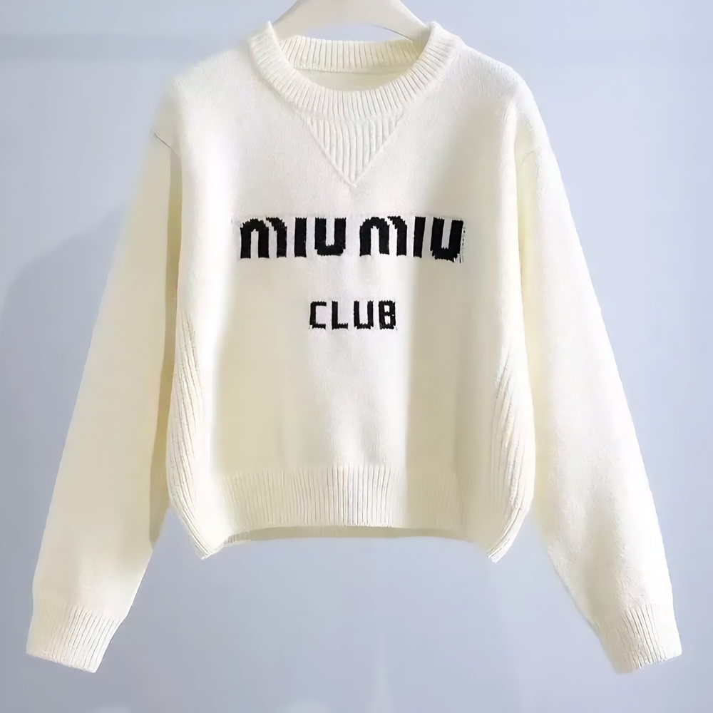 Miu Miu Cream Crew Neck Sweater with Ribbed Trim
